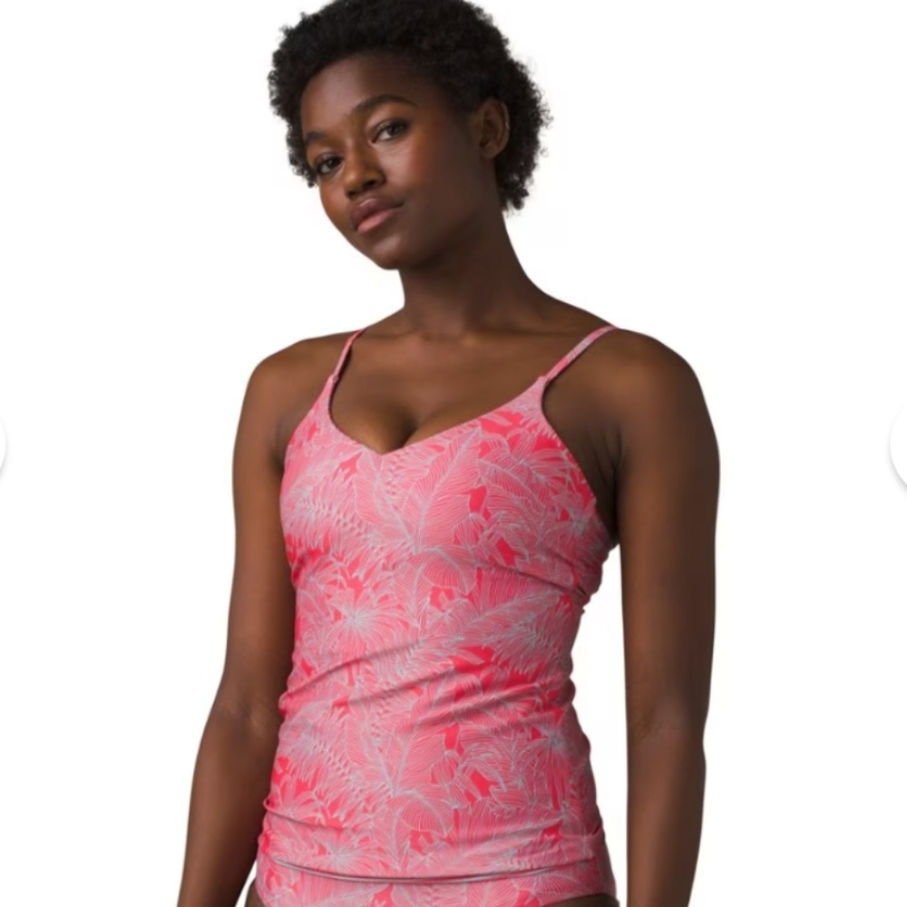 NWT Set PrAna Jess Reversible Tankini & Rhumba Bikini Papaya Fronds Coral Blue S